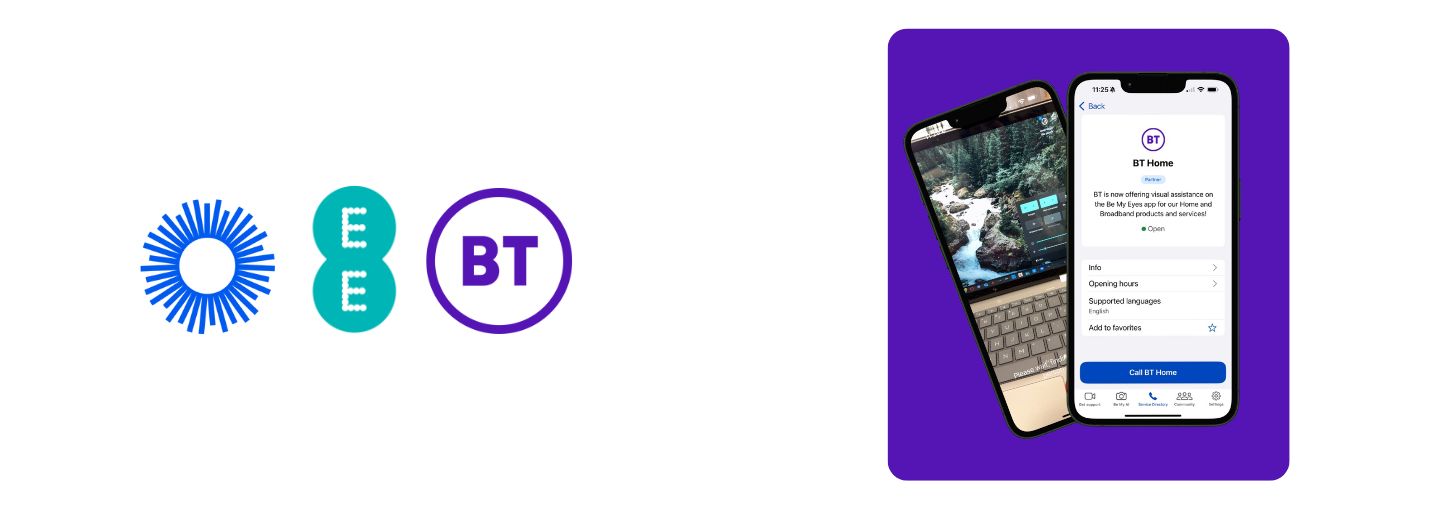 Logos and mobile phone screens. On the left side, there are three logos: a blue sunburst circle (Be My Eyes logo), a green vertical oval with EE in white dots, and a round purple-outlined circle with BT inside it. On the right is a smartphone angled on top of a laptop, and another upright smartphone displaying an app screen. The visible phone screen shows BT Home and information about visual assistance via the Be My Eyes app, plus options like Call BT Home. The background on the right is purple.